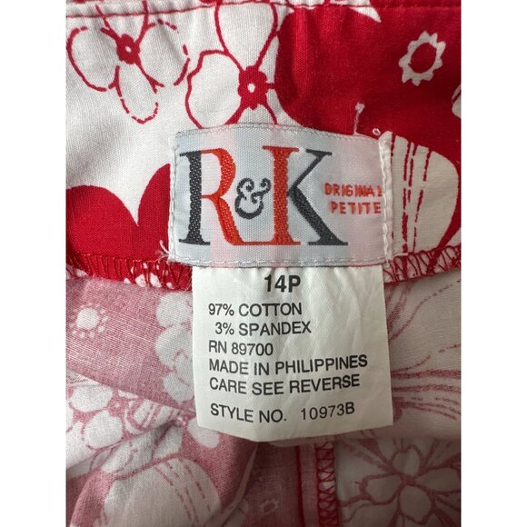 R&K Original Petite Red & White Floral Print Cropped Pants 14P Tropical Summer - Picture 4 of 6
